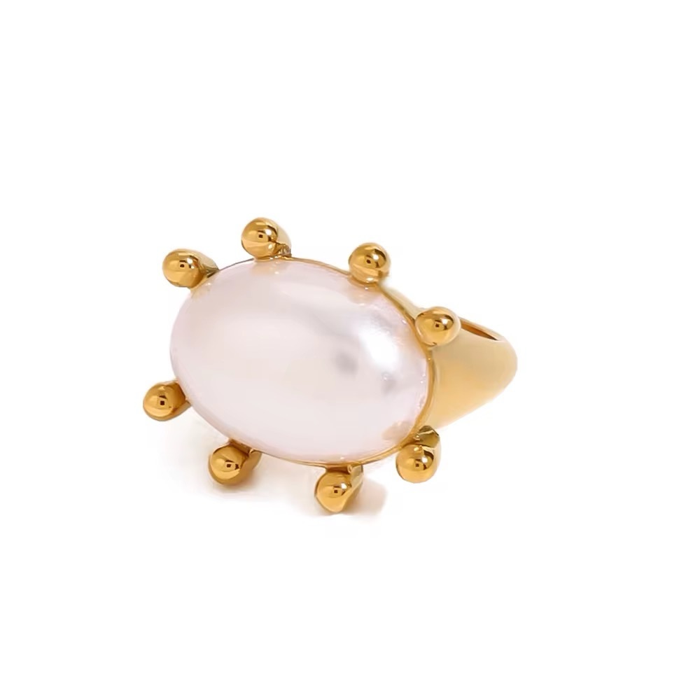 18 k Gold Plated Stainless Steel Oval Ring with Simulated Pearl